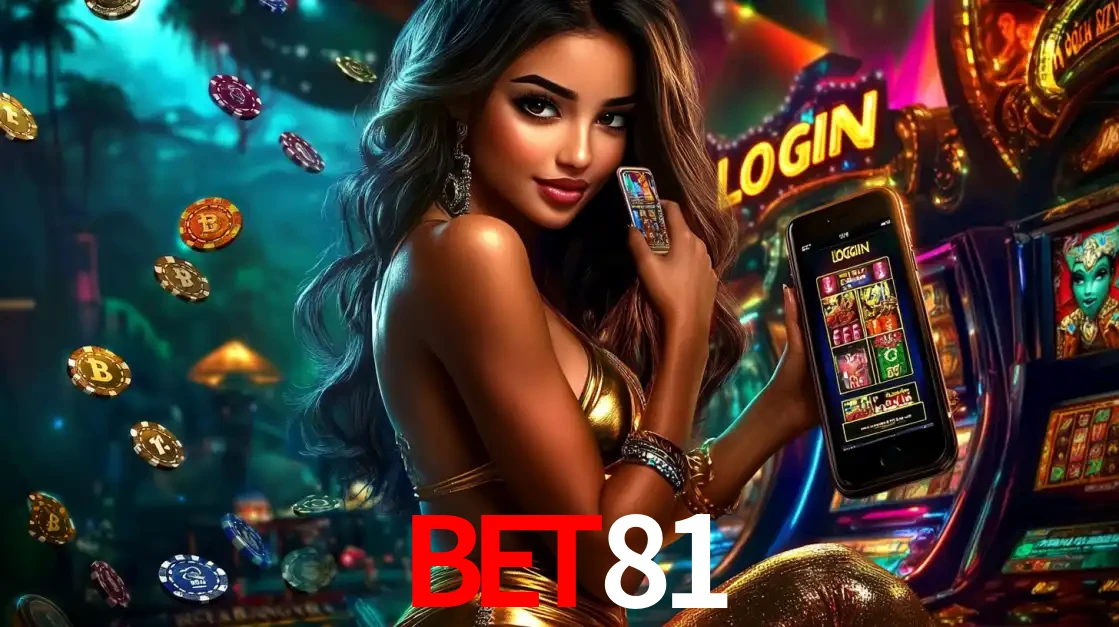 Mulher em um cenário de cassino temático de aventura, mostrando o app de caça-níqueis da BET81 no celular. Fichas de apostas flutuam ao redor.