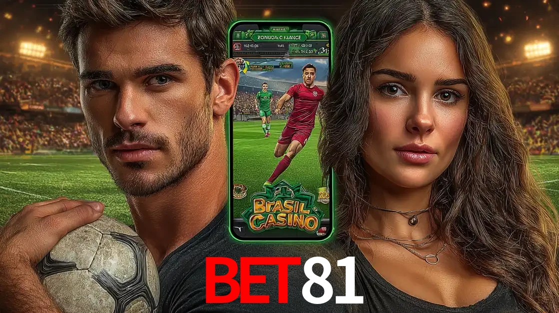 Homem segurando uma bola de futebol e uma mulher ao lado de um smartphone exibindo o jogo de apostas esportivas da BET81. Faça seu palpite no cassino online.